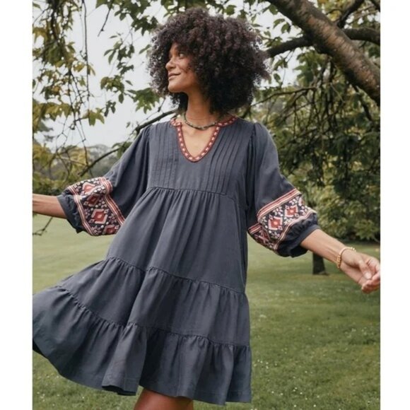 MARINE LAYER Women Mini Dress Olema Embroidered Long Sleeve Boho Grey size Small - Picture 1 of 16